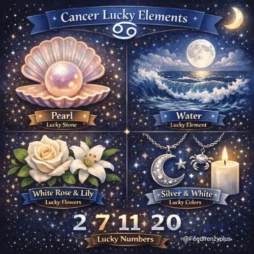 Cancer lucky elements infographic showing pearl stone, water element, white rose and lily, silver and white colors, and lucky numbers 2, 7, 11, and 20