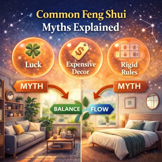 Feng Shui illustration debunking myths about luck, decor, and fixed rules.