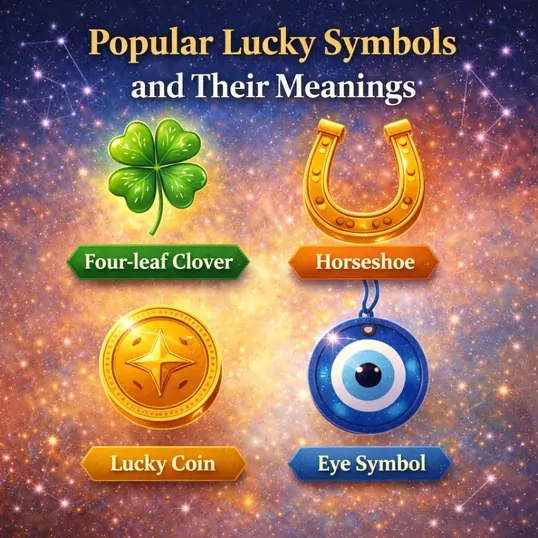 Illustration of popular lucky symbols including a four-leaf clover, horseshoe, lucky coin, and eye symbol.